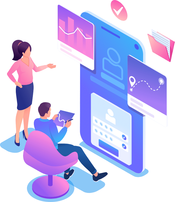 Two professionals collaborating on CRM dashboard and system setup during automation execution phase